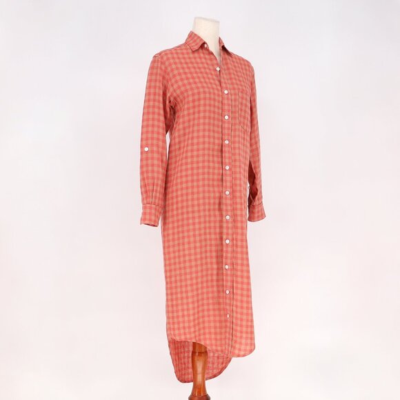EMILY PHILLIPS 100% Linen Check Girlfriend Midi Dress Pink/Khaki Size 2 - Picture 3 of 9